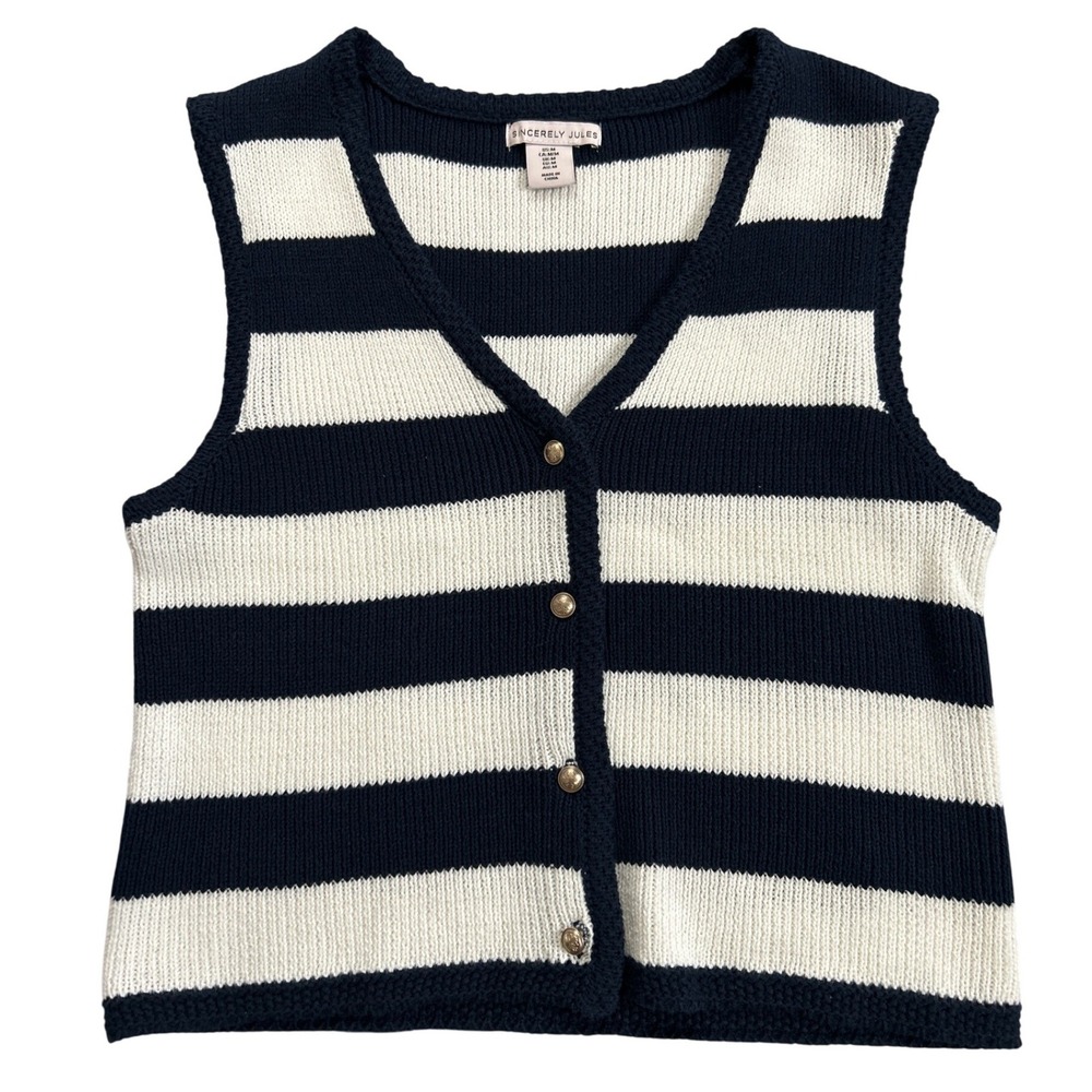 Sincerely Jules Striped V Neck Button Front Knit Vest Women's Size M Navy White